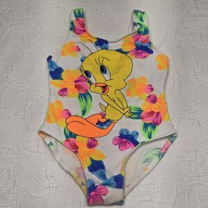 Vintage Looney Tunes 90s Tweety Bird Bright Flowers Bathing Suit One Piece Cute